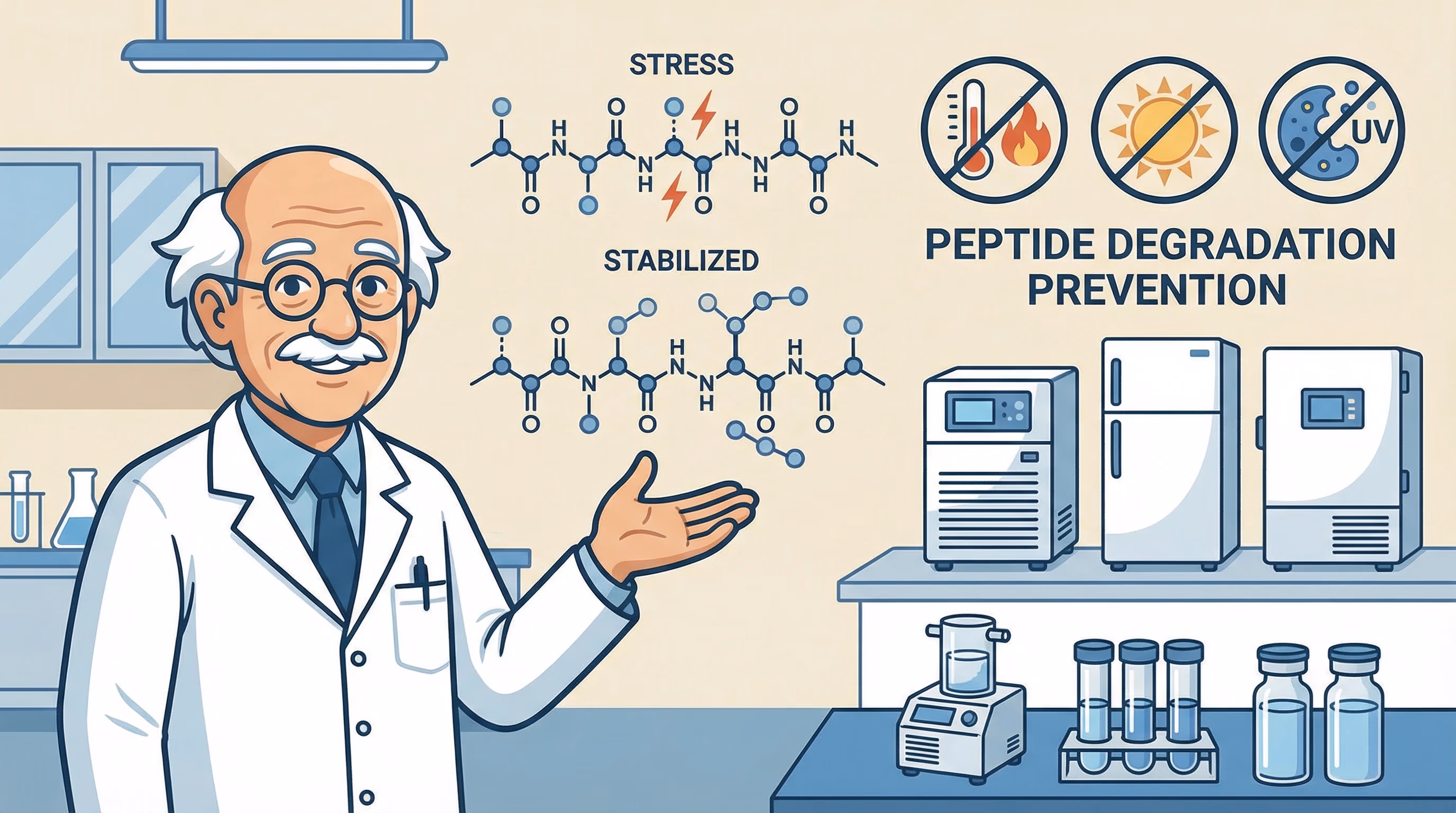 Peptide Degradation Prevention - peptide research illustration
